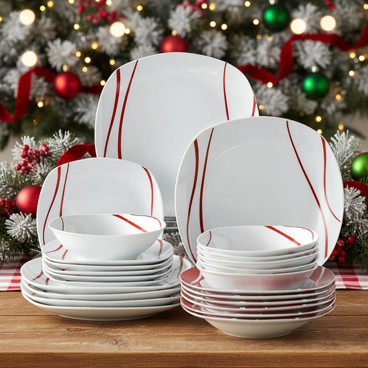 24-delige Rood Gestreepte Keramische Serviesset voor 6 personen