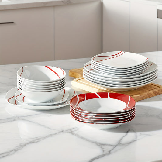 24-delige Rood Gestreepte Keramische Serviesset voor 6 personen